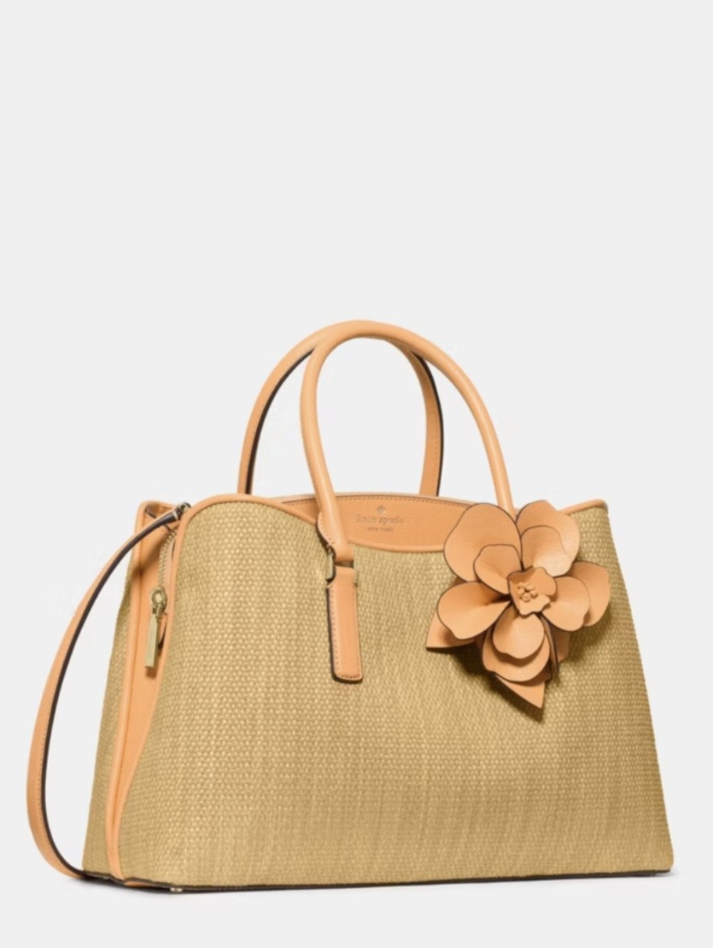 Kate Spade Straw Tote With Peach Leather Trim & Floral Applique